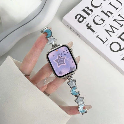 Metal chain Apple Watch strap with snap button, shown in star and moon colour options and two size ranges