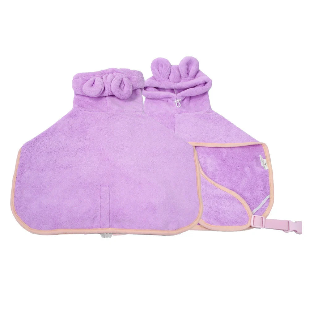 Adjustable quick-dry dog bathrobe in coral fleece, available in pink, violet, light green, and pumpkin style