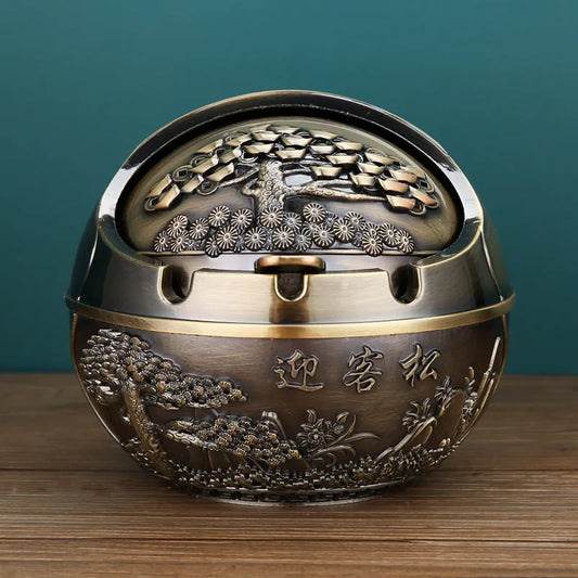 Alloy ashtray with smoke extinguishing slot in bronze finish, featuring Dragon and Phoenix motif, S size