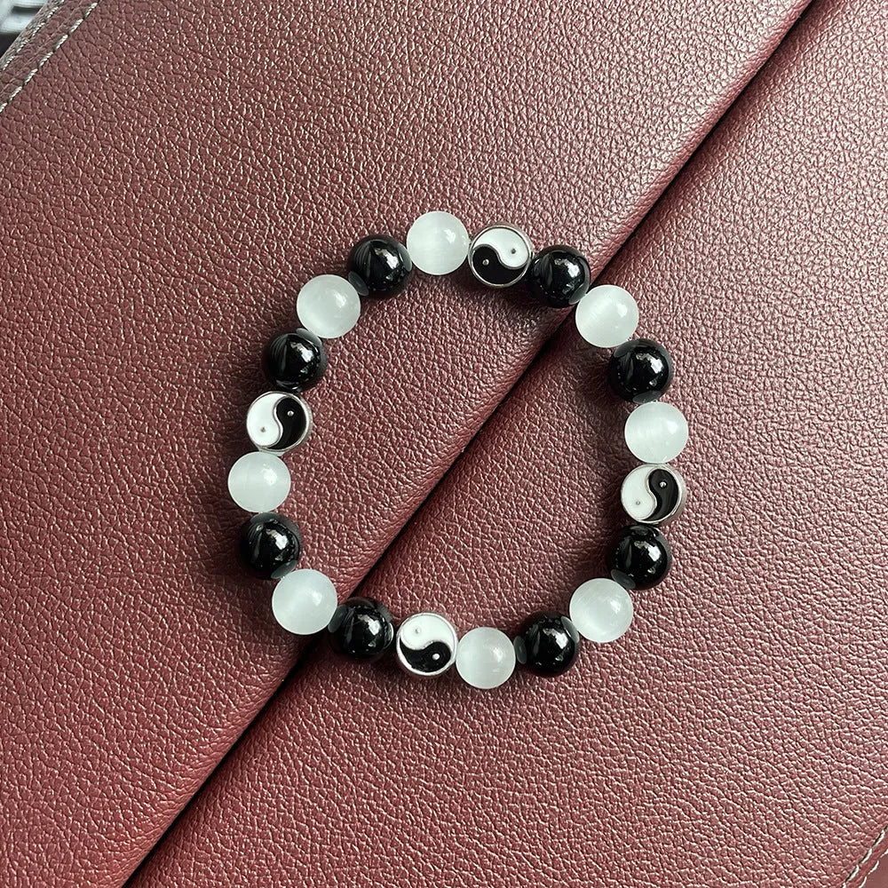 Natural opal and black agate Tai Chi bracelet with 10mm beads in Chinese unisex design
