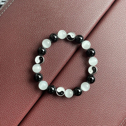 Natural opal and black agate Tai Chi bracelet with 10mm beads in Chinese unisex design