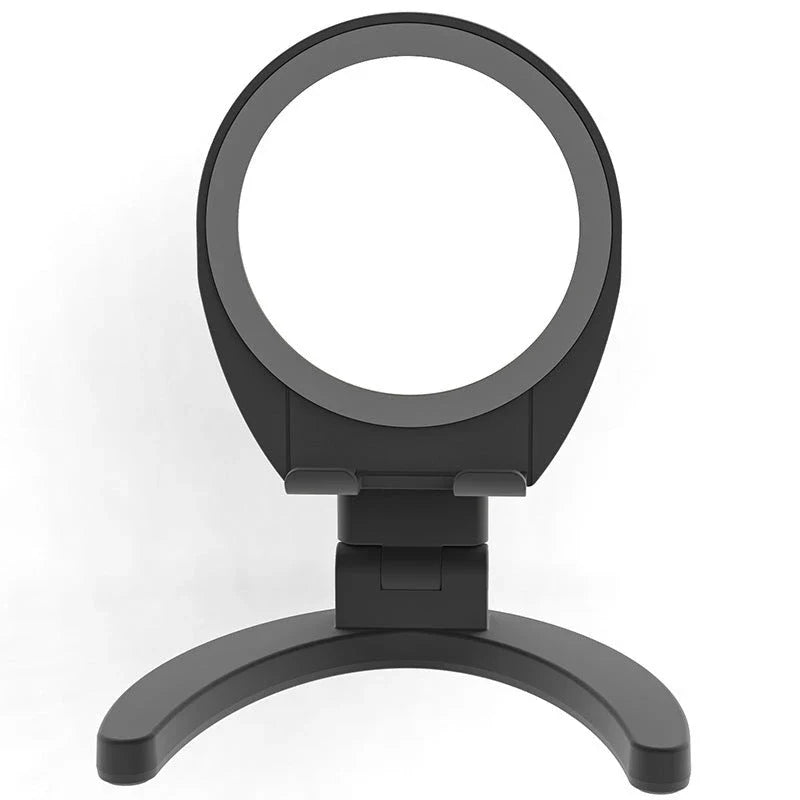 Adjustable mobile phone stand with integrated makeup mirror, featuring a sleek and versatile design for hands-free use and on-the-go touch-ups.