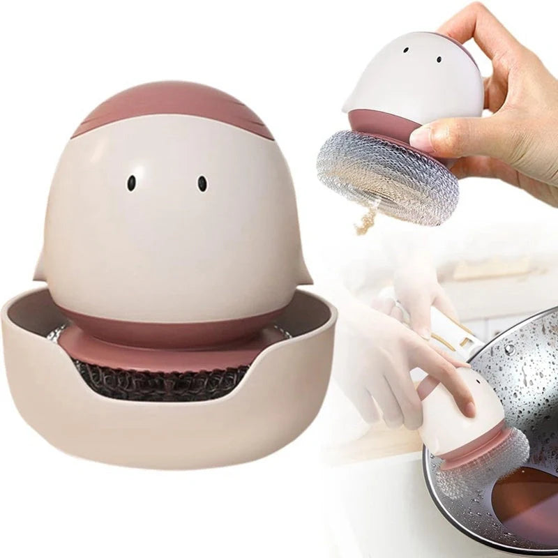 Automatic liquid filling dishwashing brush with ergonomic handle in cute chicken design