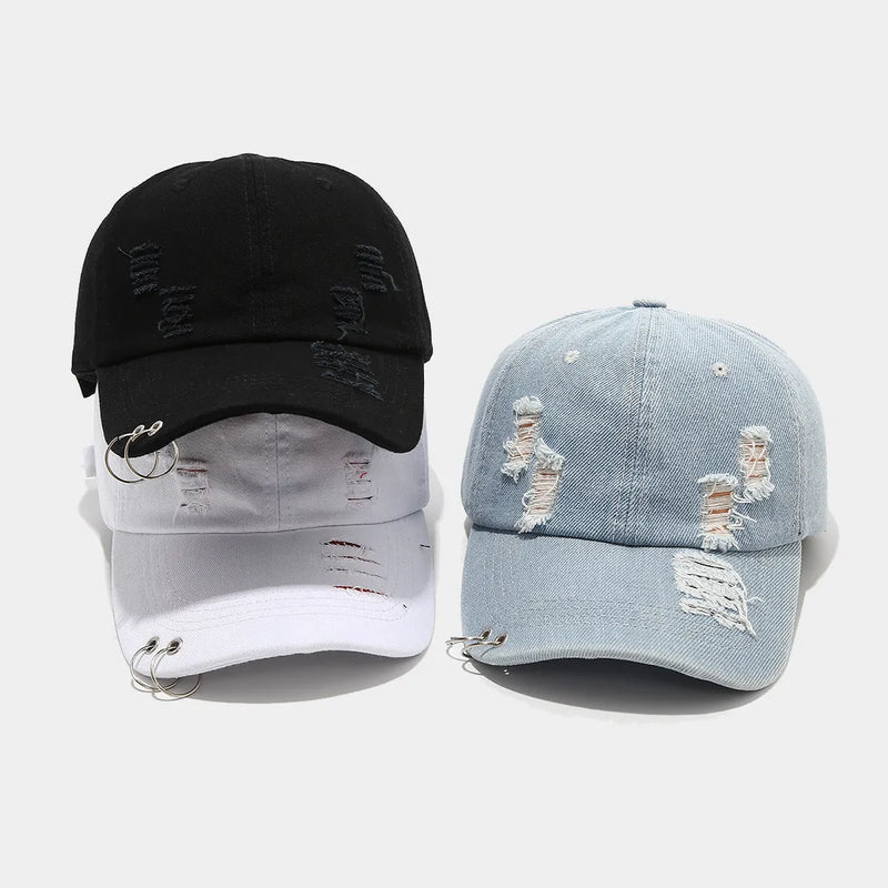 Men's denim baseball cap with adjustable sizing in black, white or light blue, featuring a dome crown design for sun protection during spring, summer and autumn outdoor activities, styled with a retro streetwear and hip hop aesthetic