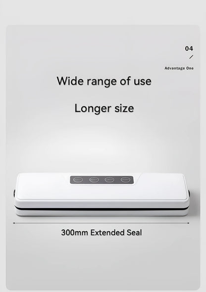 White automatic vacuum sealer on a kitchen counter, showing compact design with one-touch button for food preservation.