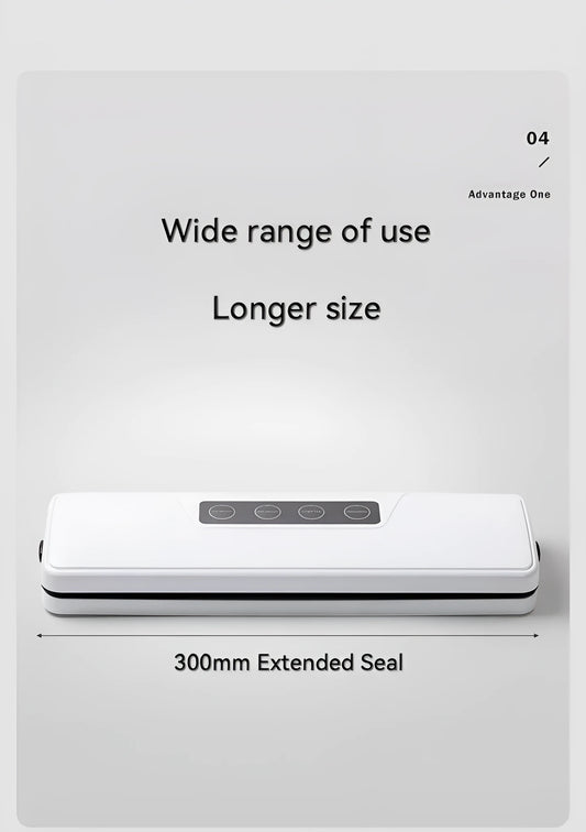 White automatic vacuum sealer on a kitchen counter, showing compact design with one-touch button for food preservation.