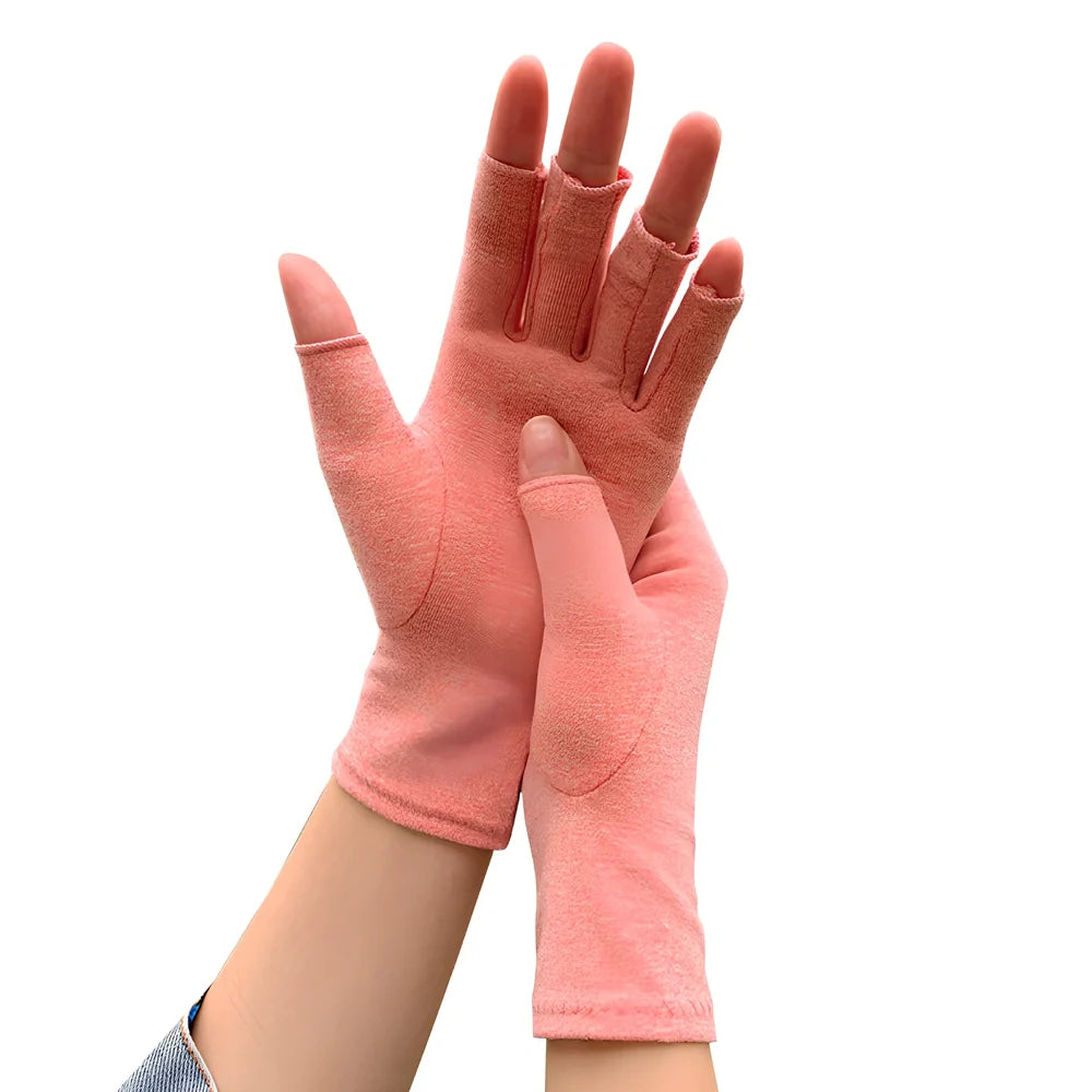 Breathable half-finger compression gloves showing exposed fingertips and adhesive grey section for joint support