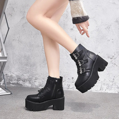 Black Harajuku punk bat buckle gothic short boots with side zipper, thick heel, and round toe