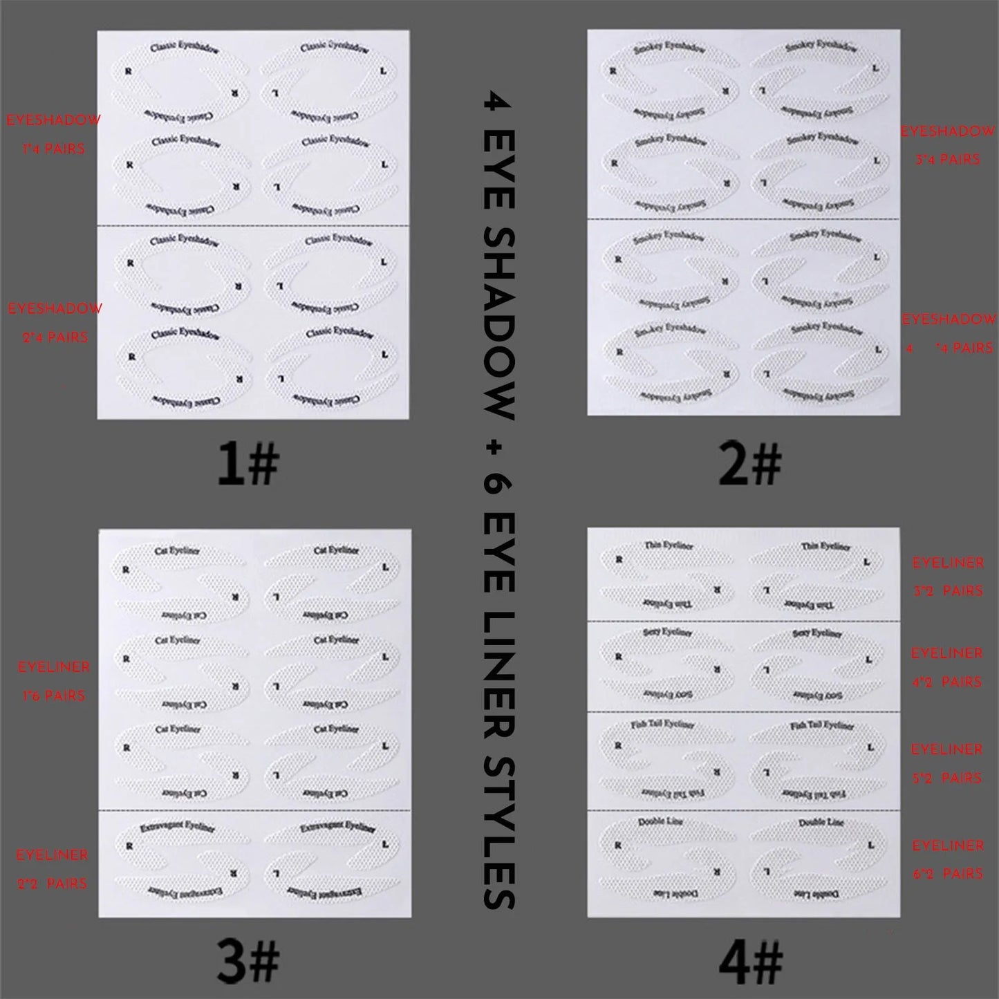 Four reusable eyeliner stencil templates on a pink background, showing winged and cat-eye designs for makeup application