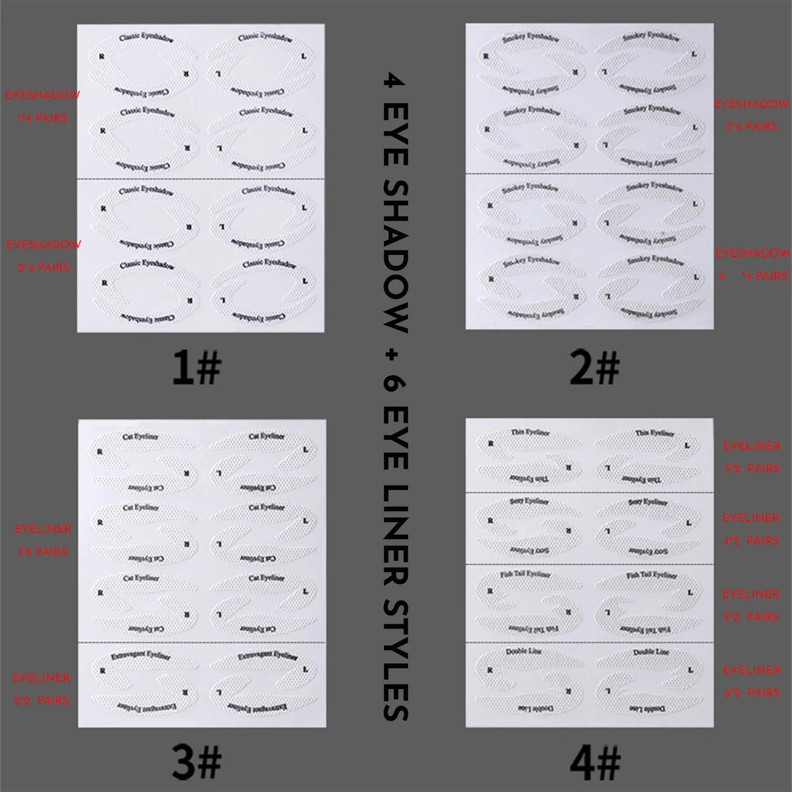 Four reusable eyeliner stencil templates on a pink background, showing winged and cat-eye designs for makeup application