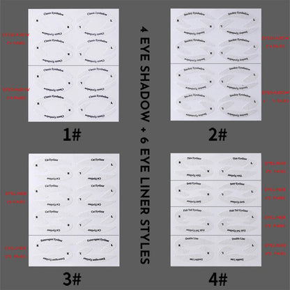 Four reusable eyeliner stencil templates on a pink background, showing winged and cat-eye designs for makeup application