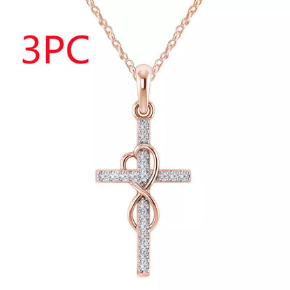 Alloy pendant necklace with diamond and eight-character cross design in gold, silver, and rose gold