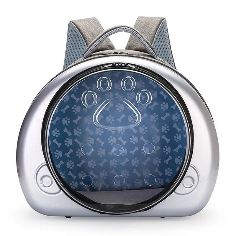 Transparent space capsule cat carrier with metallic front cover in choice of rose gold, silver, or champagne gold