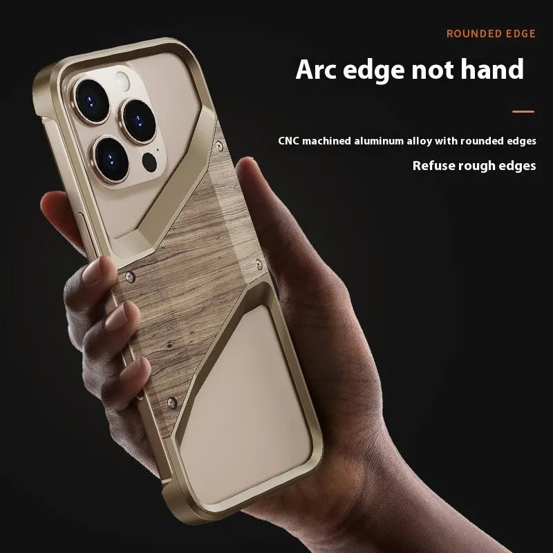 Wood and aluminium alloy iPhone case in dark grey and desert gold, half-pack hollow design for heat dissipation