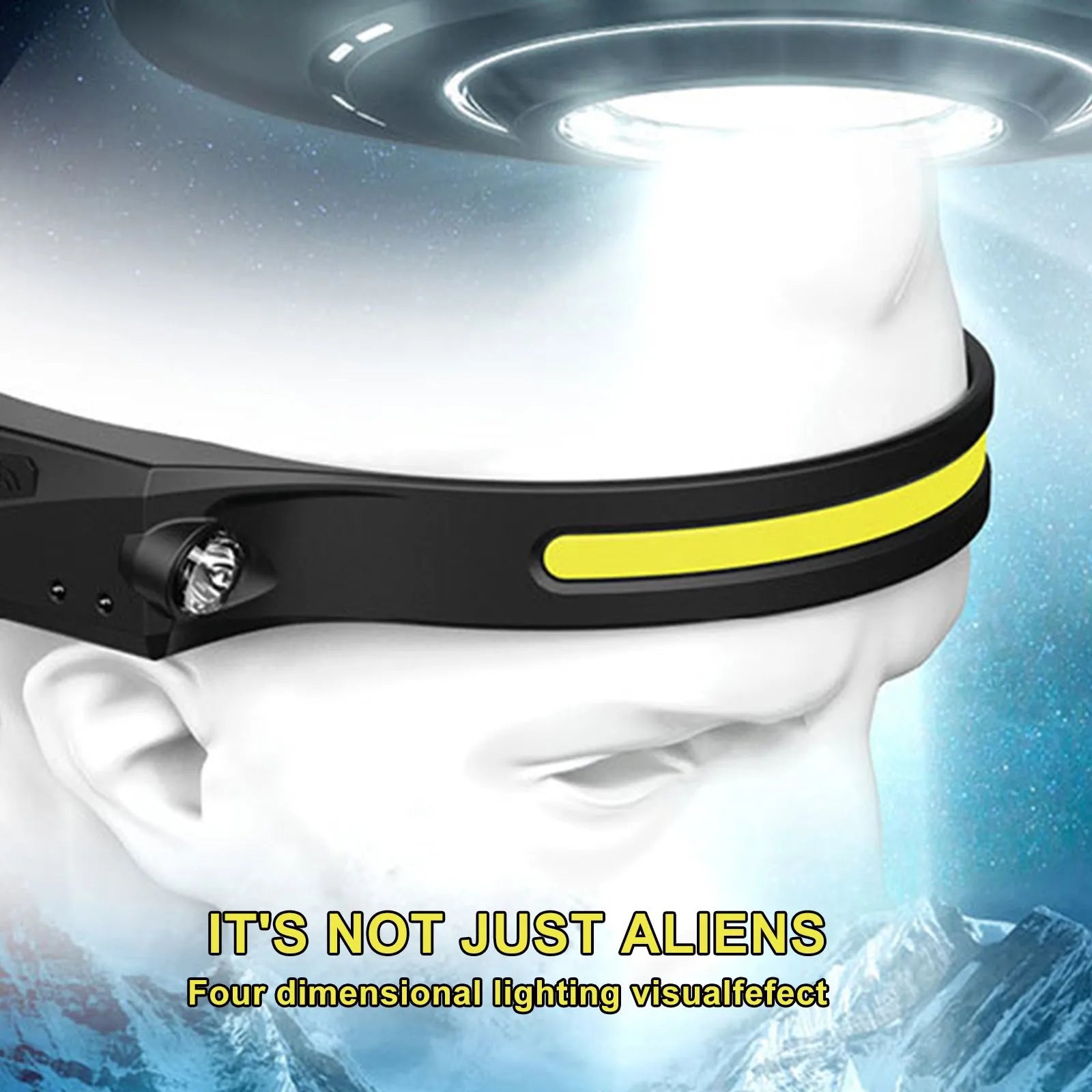 Black silicone USB rechargeable headlamp with a wide COB LED lens and a side wave sensor.