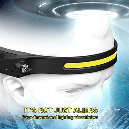 Black silicone USB rechargeable headlamp with a wide COB LED lens and a side wave sensor.