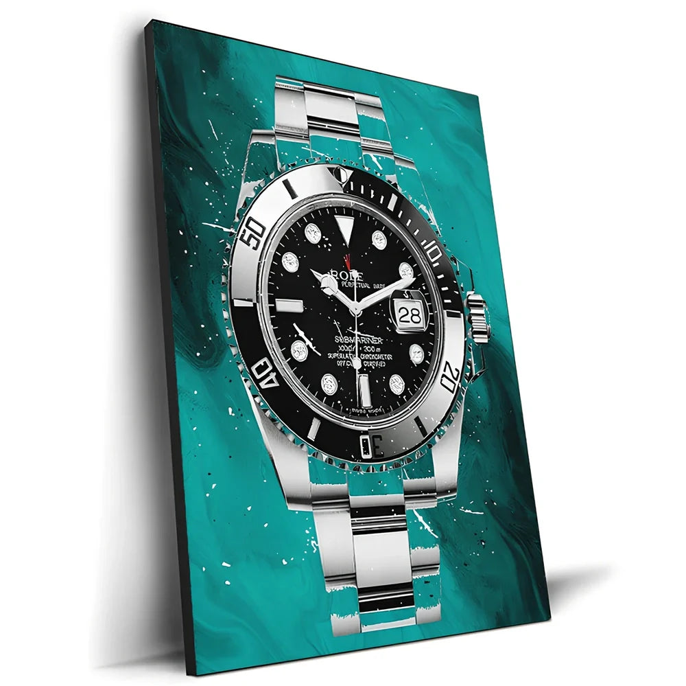 Spray-painted watch graffiti canvas art on oil painting cloth with white border