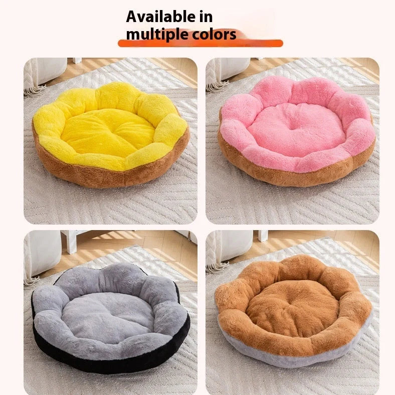 Round detachable washable pet bed with raised sides showing brown grey colour option