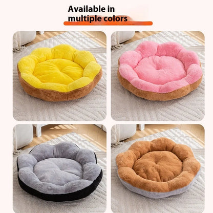 Round detachable washable pet bed with raised sides showing brown grey colour option