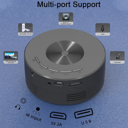 Black children's portable projector for mobile phones measuring 110x110x47mm with plug-in power cable