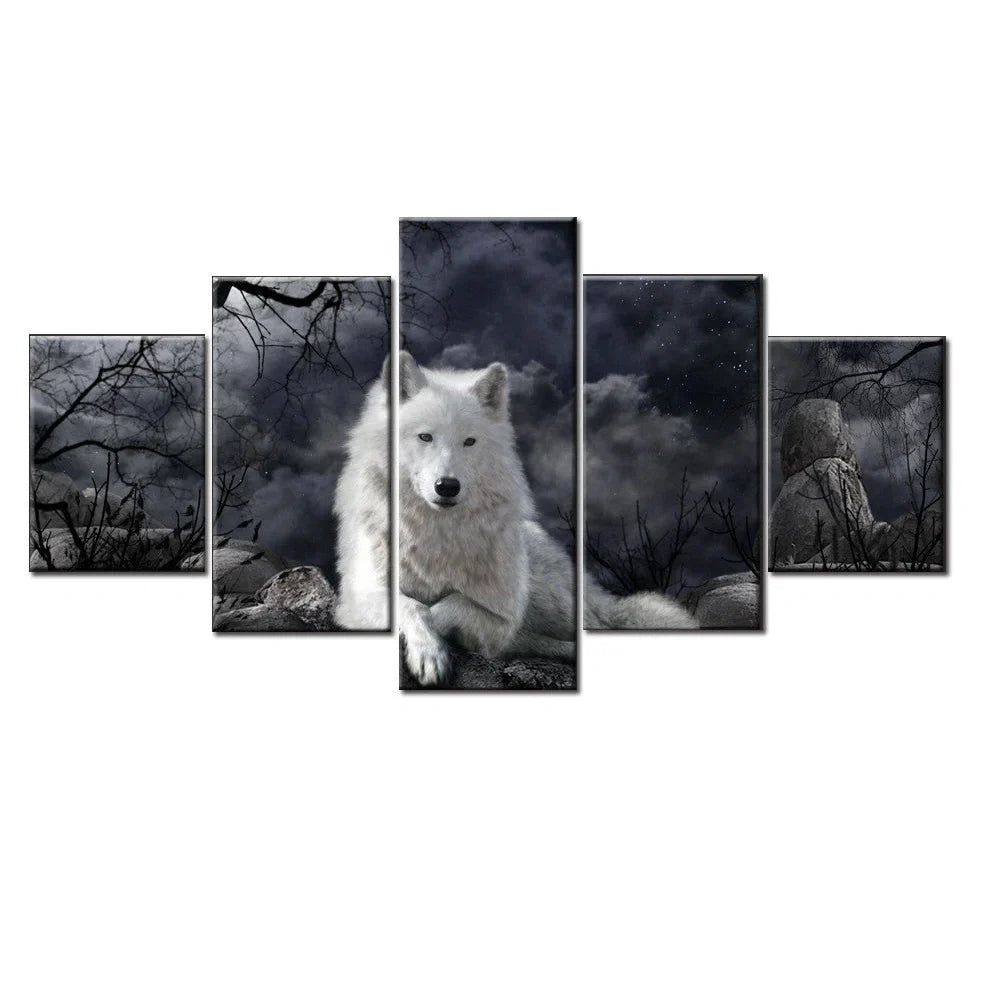 Five panel wolf canvas art set showing realistic animal imagery in multiple sizes from 10cm to 80cm