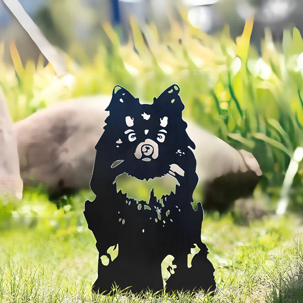 Metal dog silhouette garden decoration showing breed outline on iron background for outdoor display