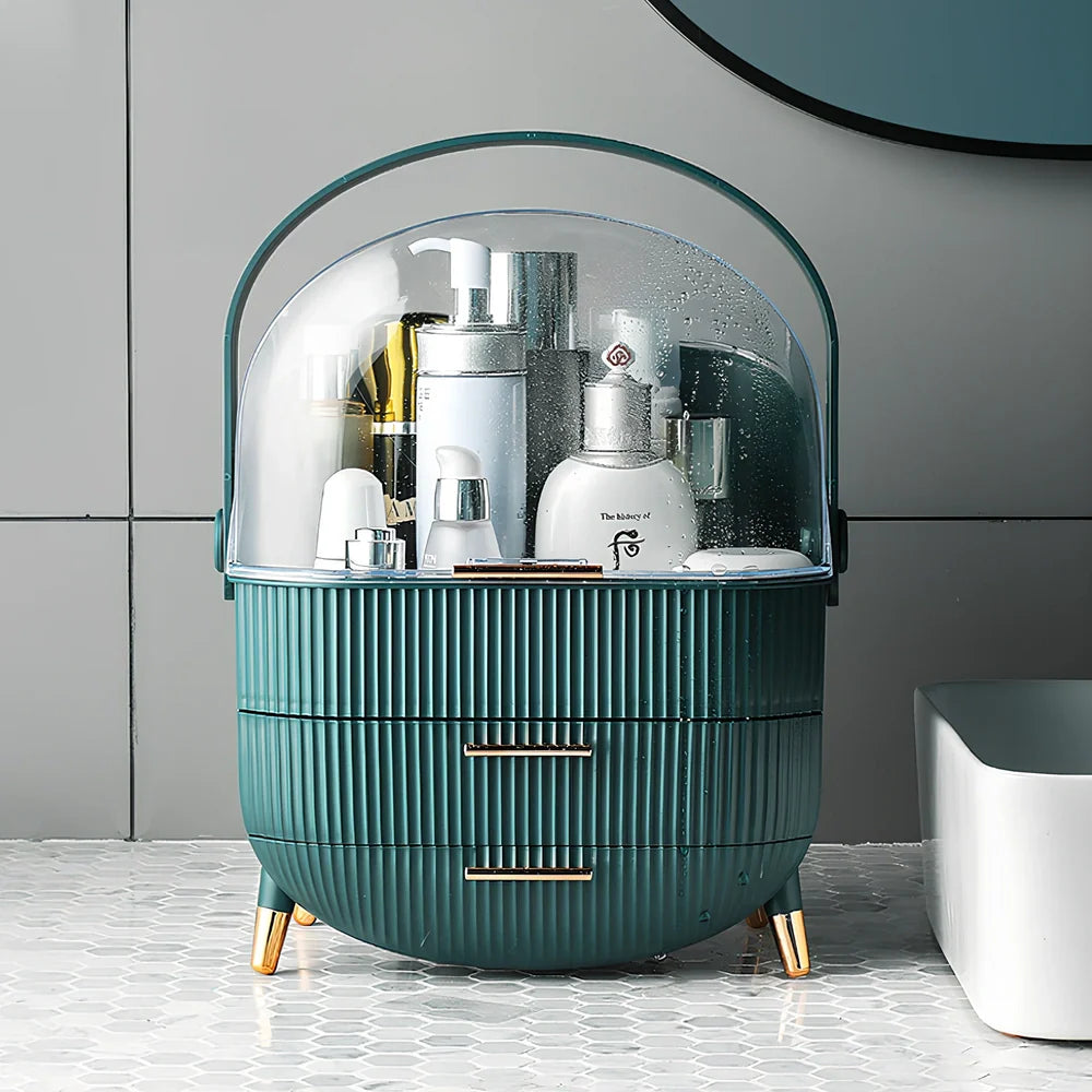 Light luxury cosmetic storage box in green ABS+PS with dustproof lid for skincare organisation