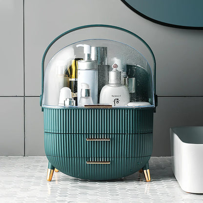 Light luxury cosmetic storage box in green ABS+PS with dustproof lid for skincare organisation