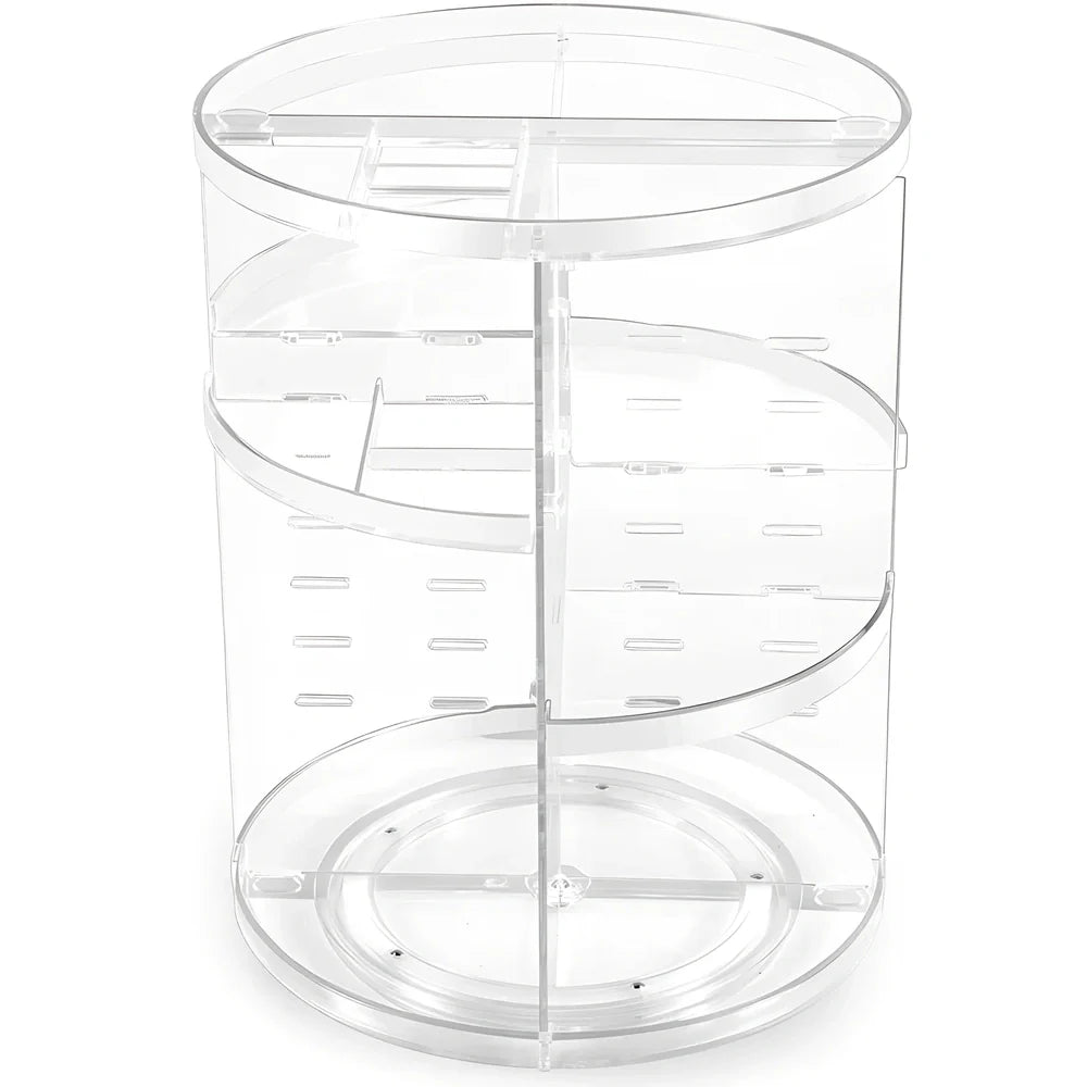 Transparent rotating cosmetics storage rack with skincare bottles organised on 360-degree rotating mechanism