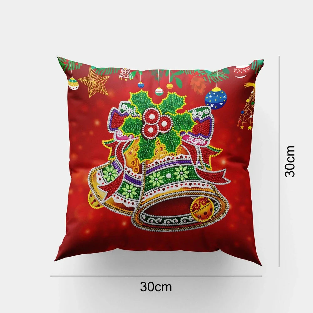 Handmade mandala pattern cushion cover with diamond painting accessories on wooden table