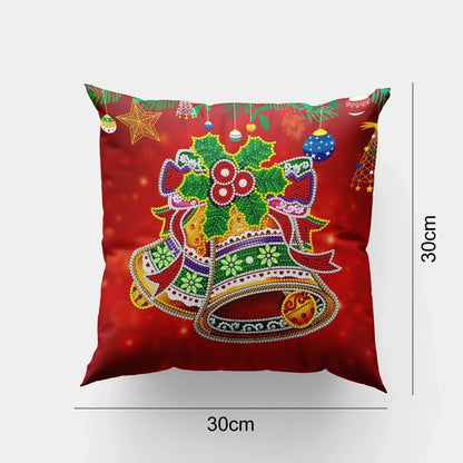Handmade mandala pattern cushion cover with diamond painting accessories on wooden table