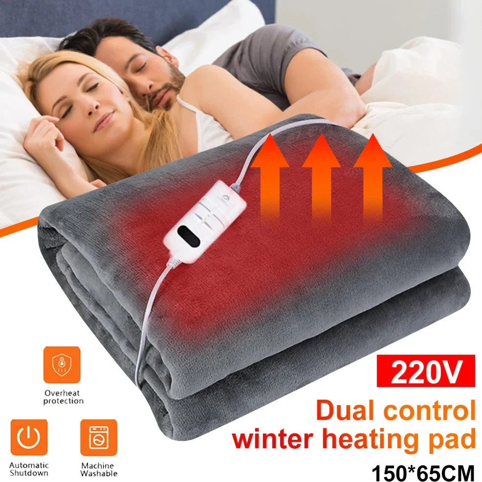 Grey tweed electric heating blanket showing 150cm width and UK plug compatibility