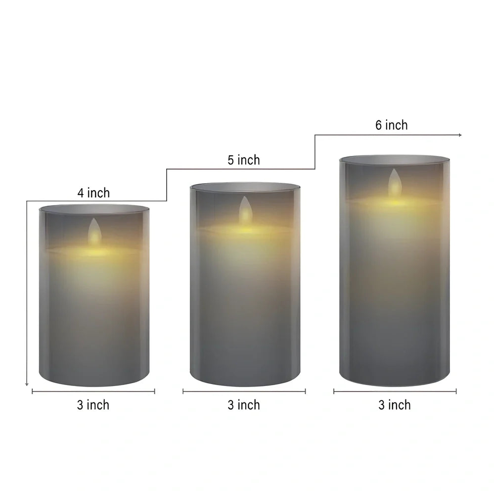 LED electronic remote control candle with swinging flame in smoky gray, transparent white, and amber gold styles