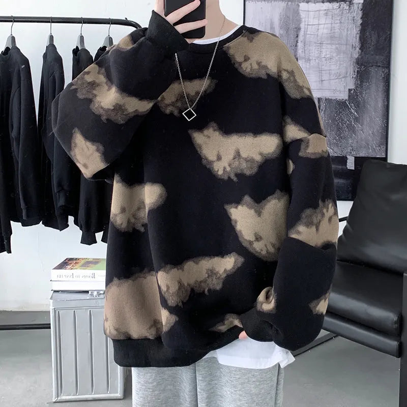 Men's loose pullover top with wool lining, available in black, blue, and white, sizes M-XXL.