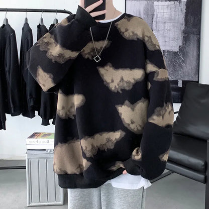 Men's loose pullover top with wool lining, available in black, blue, and white, sizes M-XXL.