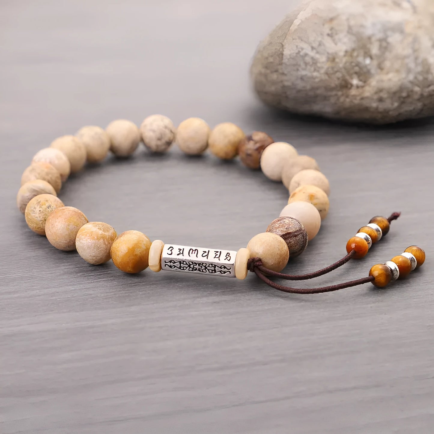 Handmade stone bead bracelet with wood colour finish and original design