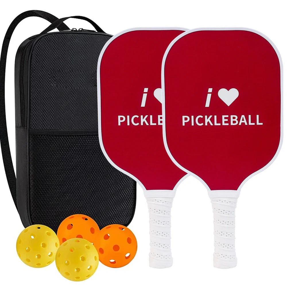 Peak Racket fibreglass squash set showing two rackets and four balls for complete playing equipment