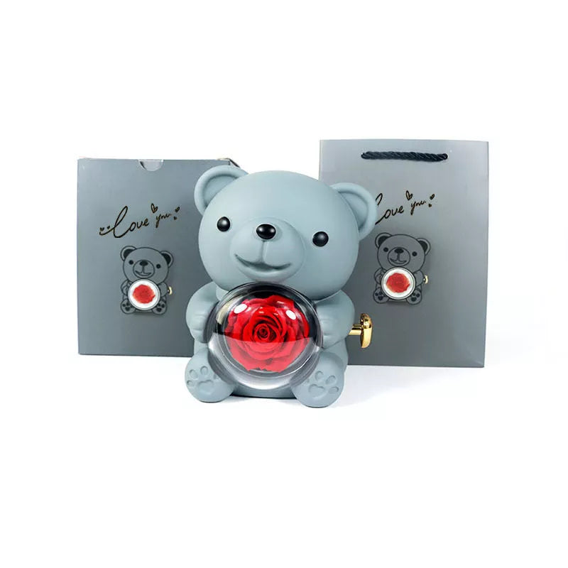 Eternal Rose Teddy Bear Jewelry Box with rotating drawer and preserved rose