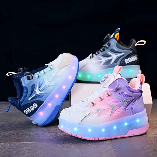 Children's flash knob roller skating shoes in blue, showing the rotating button fastening and knob roller mechanism.
