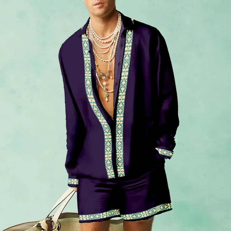 Men's slim fit summer shirt and shorts set in polyester with long sleeves, available in multiple colours