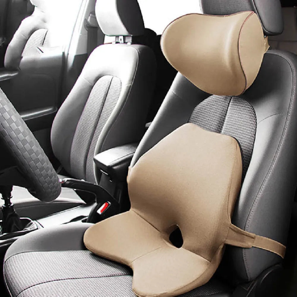 Memory foam car lumbar support cushion and headrest combination in beige colour
