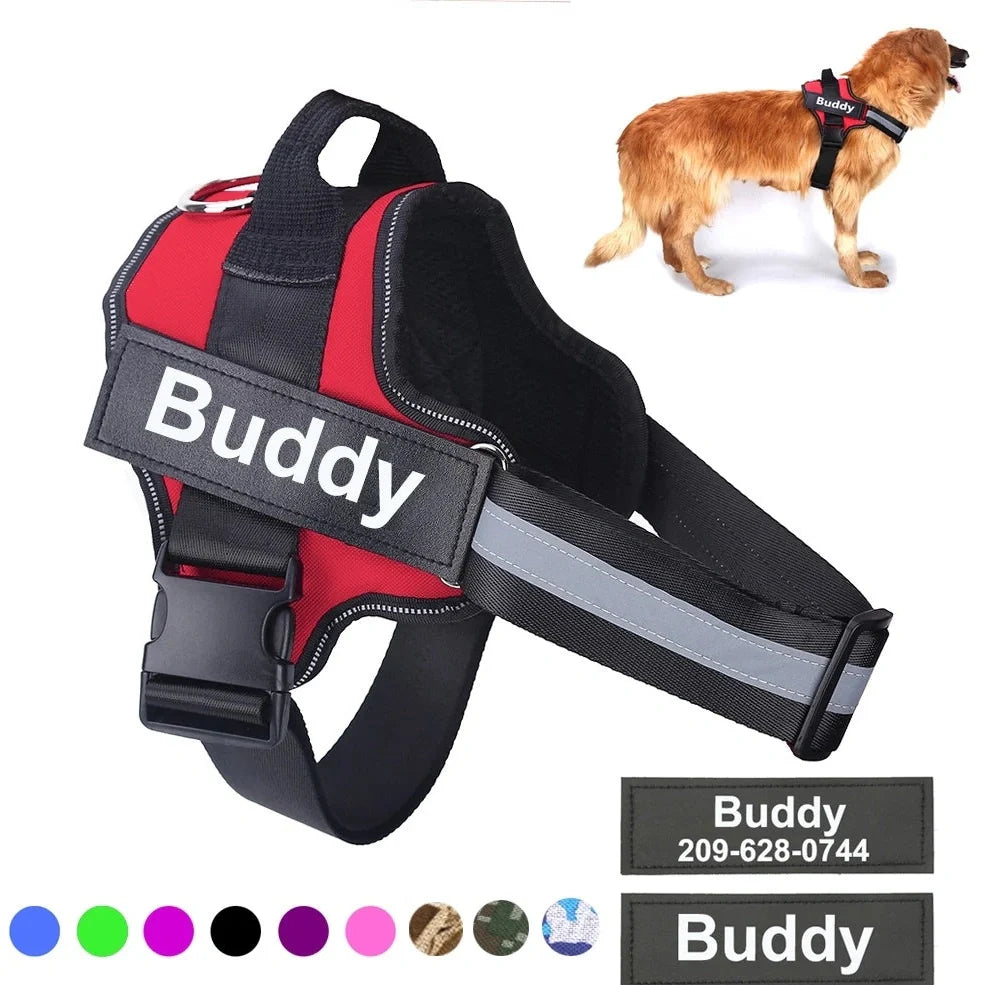 Personalised dog harness with reflective straps and adjustable chest fitting showing no-pull design