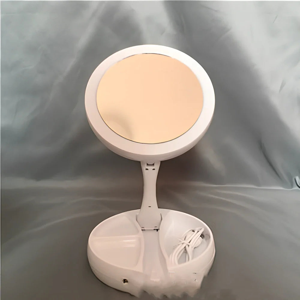 White folding LED makeup mirror showing dual magnification sides and compact storage design