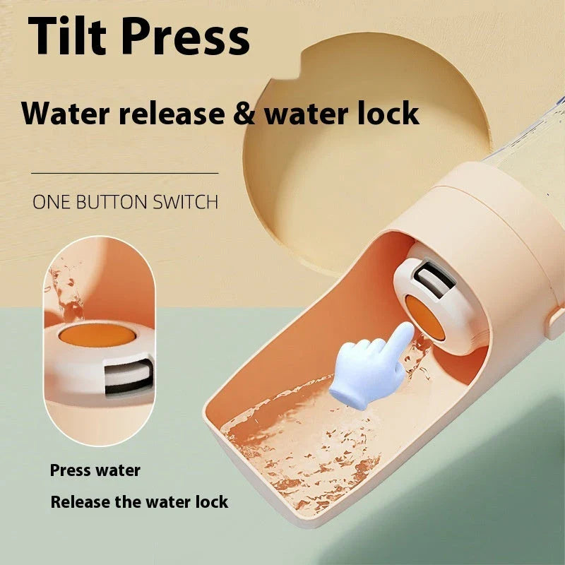 Portable 2-in-1 pet water bottle and feeder in various colors with lanyard for outdoor adventures