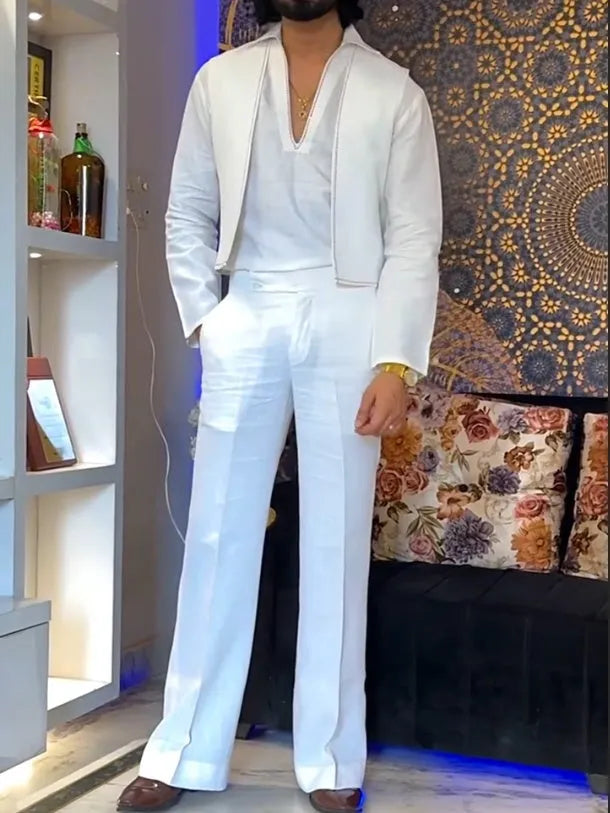 White three-piece polyester outfit showing V-neck shirt, sleeveless vest, and full-length trousers