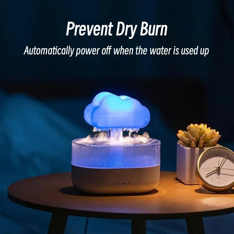 Rain cloud night light humidifier with USB rechargeable design, 7 colour LED mood lighting, essential oil diffuser aromatherapy function, and realistic water drop raining sound for bedroom sleep aid and air moisturising