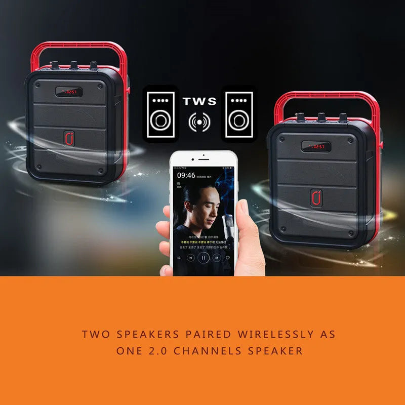 MS62AI portable Bluetooth speaker with wireless microphone on a table, showing control knobs and carrying strap.