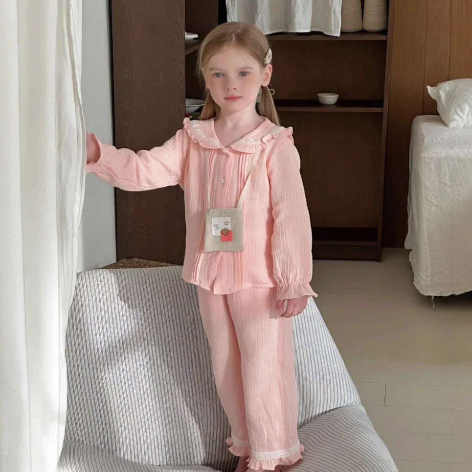 Girls' long sleeve two-piece home wear set in cotton gauze fabric with solid colour design