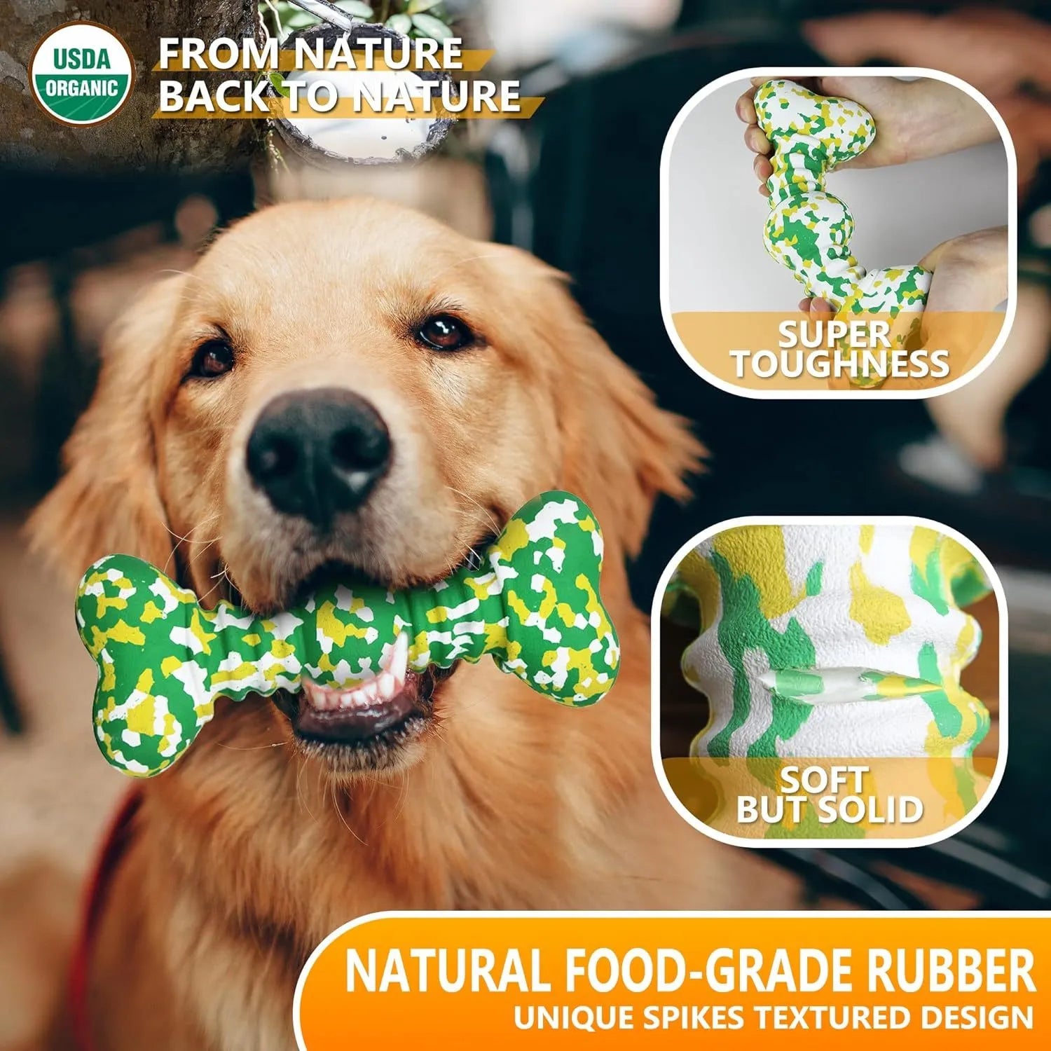 Natural rubber dog chew toy with camouflage design for aggressive chewers, USDA organic certified, in green, white, and yellow colours.