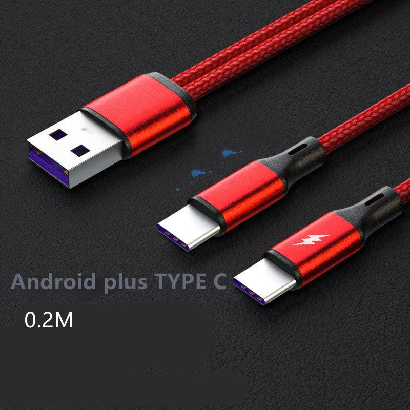 Black braided dual-port Android charging cable with aluminium connectors charging two smartphones simultaneously